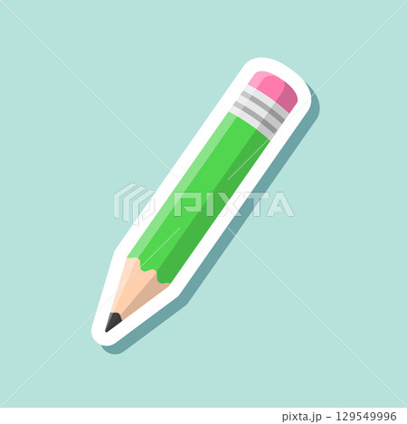 Pencil sticker icon in flat style. Office supplies vector illustration on isolated background. Writing sign business concept. 129549996