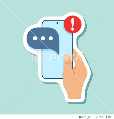 Hand holds phone with notifications sticker icon in flat style. Smartphone with new notice vector illustration on isolated background. Reminder message sign business concept. Hand holds phone with notifications sticker icon in flat style. Smartphone with new notice vector illustration on isolated background. Reminder message sign business concept. 129550116