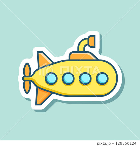 Submarine sticker icon in flat style. Bathyscaphe vector illustration on isolated background. Underwater transport sign business concept. Submarine sticker icon in flat style. Bathyscaphe vector illustration on isolated background. Underwater transport sign business concept. 129550124