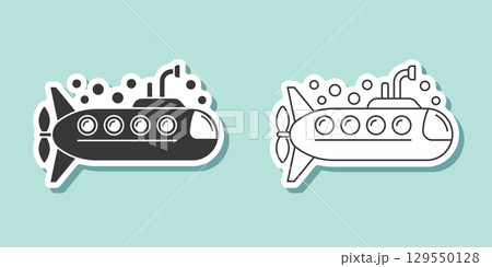 Submarine sticker icon in flat style. Bathyscaphe vector illustration on isolated background. Underwater transport sign business concept. Submarine sticker icon in flat style. Bathyscaphe vector illustration on isolated background. Underwater transport sign business concept. 129550128