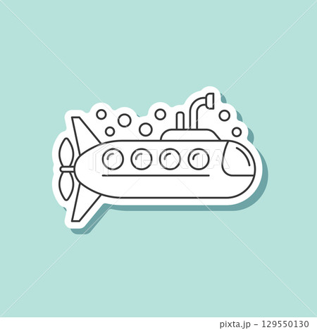 Submarine sticker icon in flat linear style. Bathyscaphe stroke vector illustration on isolated background. Underwater transport sign business concept. Submarine sticker icon in flat linear style. Bathyscaphe stroke vector illustration on isolated background. Underwater transport sign business concept. 129550130