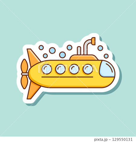 Submarine sticker icon in flat style. Bathyscaphe vector illustration on isolated background. Underwater transport sign business concept. Submarine sticker icon in flat style. Bathyscaphe vector illustration on isolated background. Underwater transport sign business concept. 129550131