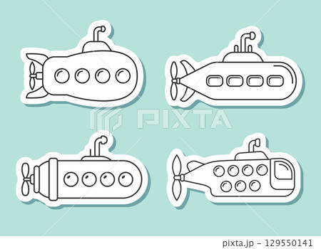 Submarine sticker icon set collection in flat linear style. Bathyscaphe stroke vector illustration on isolated background. Underwater transport sign business concept. 129550141