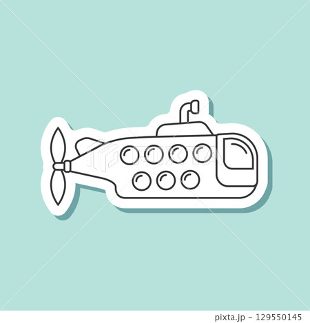 Submarine sticker icon in flat linear style. Bathyscaphe stroke vector illustration on isolated background. Underwater transport sign business concept. Submarine sticker icon in flat linear style. Bathyscaphe stroke vector illustration on isolated background. Underwater transport sign business concept. 129550145