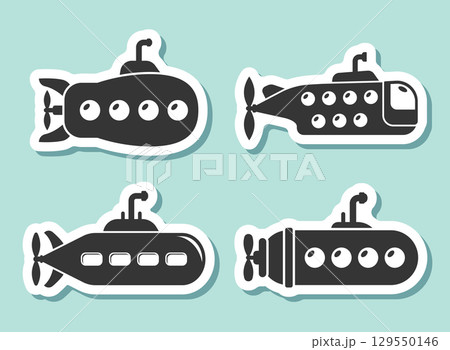 Submarine sticker icon set callection in flat style. Bathyscaphe vector illustration on isolated background. Underwater transport sign business concept. 129550146