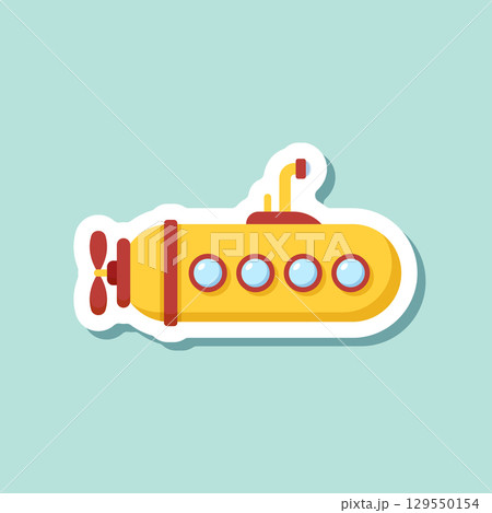Submarine sticker icon in flat style. Bathyscaphe vector illustration on isolated background. Underwater transport sign business concept. 129550154
