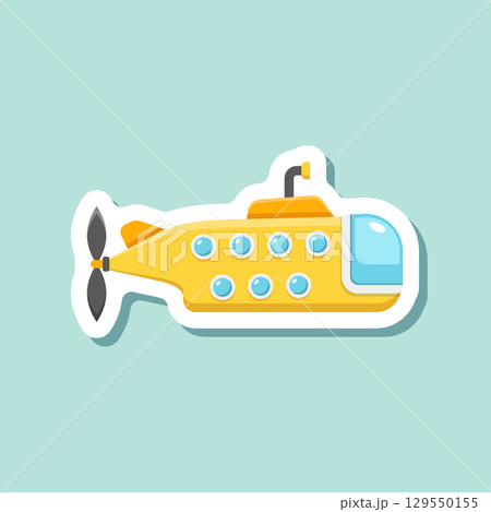 Submarine sticker icon in flat style. Bathyscaphe vector illustration on isolated background. Underwater transport sign business concept. 129550155