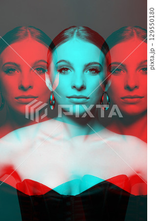 Beautiful woman portrait with classic hairstyle, naked shoulders, corset and round earring in RGB color split effect style Beautiful woman portrait with classic hairstyle, naked shoulders, corset and round earring in RGB color split effect style 129550180