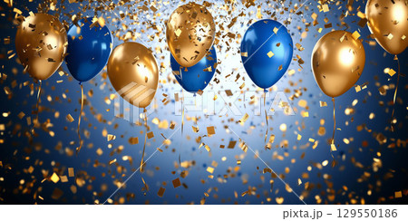 Birthdry party background with golden and blue balloon. 129550186