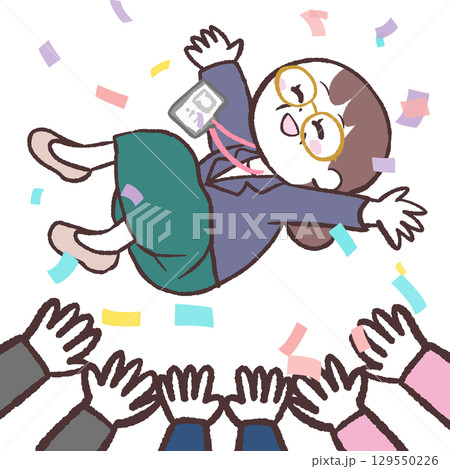 胴上げされる年配女性会社員のイラスト 胴上げされる年配女性会社員のイラスト 129550226