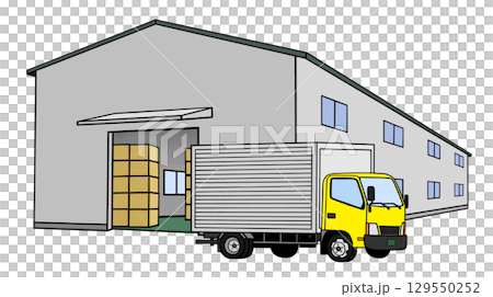 物流倉庫と2トントラック-黄色 129550252