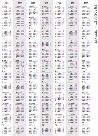 月曜日始まりの2026年から2032年までの年間カレンダー 129550263