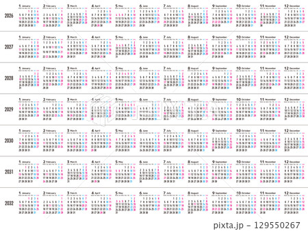 月曜日始まりの2026年から2032年までの年間カレンダー 129550267
