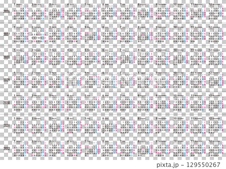 月曜日始まりの2026年から2032年までの年間カレンダー 129550267