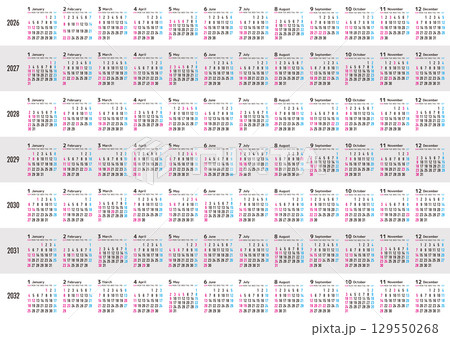 日曜日始まりの2026年から2032年までの年間カレンダー 日曜日始まりの2026年から2032年までの年間カレンダー 129550268