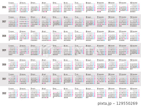 月曜日始まりの2026年から2032年までの年間カレンダー 月曜日始まりの2026年から2032年までの年間カレンダー 129550269