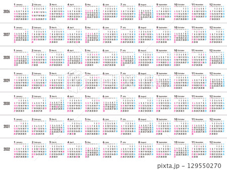 日曜日始まりの2026年から2032年までの年間カレンダー 日曜日始まりの2026年から2032年までの年間カレンダー 129550270