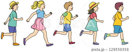 走る子どもたちのイラストセット02（カラー） 129550358