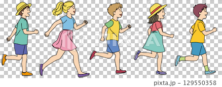 走る子どもたちのイラストセット02（カラー） 129550358