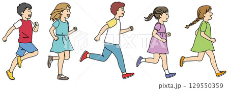 走る子どもたちのイラストセット03（カラー） 129550359