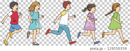 走る子どもたちのイラストセット03（カラー） 129550359