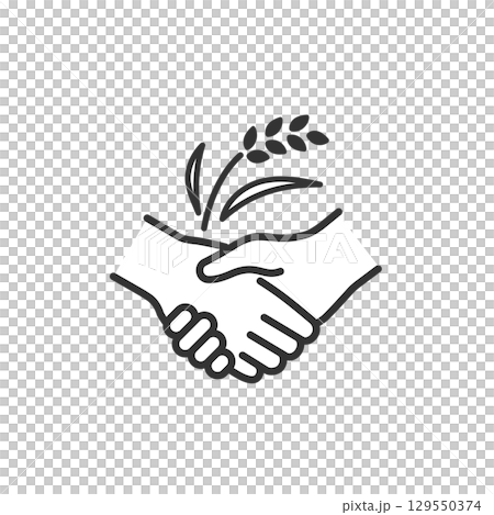 Vector line drawing icon of rice (ear of rice) and handshake. Agriculture, business succession, contract 129550374