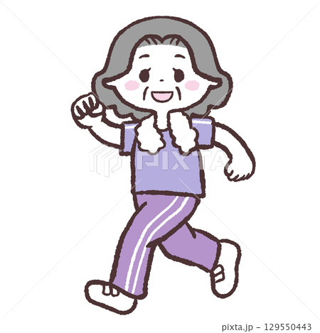 カメラ目線で走るシニア女性のイラスト 129550443