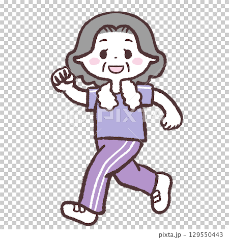 カメラ目線で走るシニア女性のイラスト 129550443