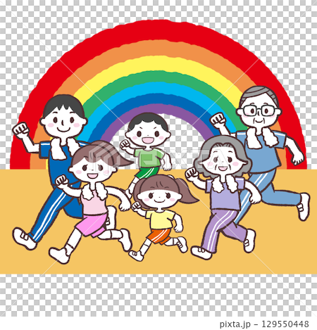 虹をバックに走る三世代家族のイラスト 129550448