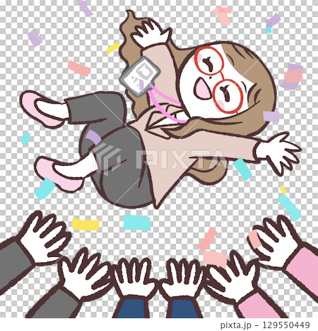 Illustration of a female office worker being lifted up Illustration of a female office worker being lifted up 129550449