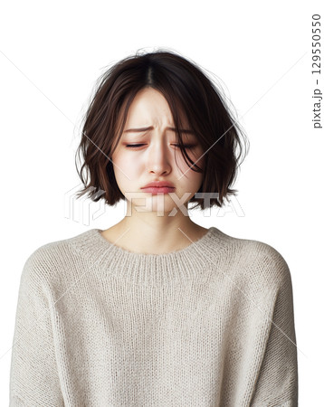 泣き顔の若い日本女性(背景透過PNG)/感情表現・涙・悲しみ 泣き顔の若い日本女性(背景透過PNG)/感情表現・涙・悲しみ 129550550