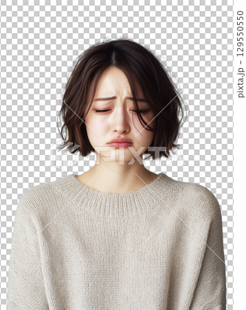 泣き顔の若い日本女性(背景透過PNG)/感情表現・涙・悲しみ 泣き顔の若い日本女性(背景透過PNG)/感情表現・涙・悲しみ 129550550