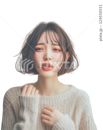 泣き顔の若い日本女性(背景透過PNG)/感情表現・涙・悲しみ 泣き顔の若い日本女性(背景透過PNG)/感情表現・涙・悲しみ 129550551