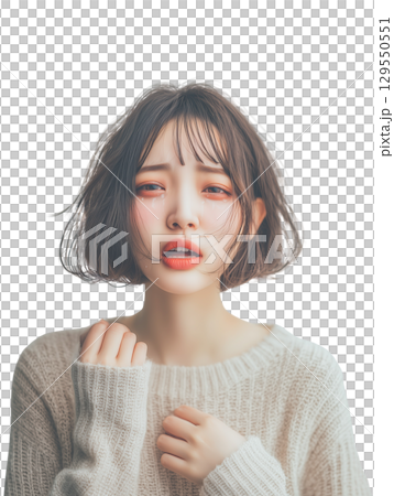 泣き顔の若い日本女性(背景透過PNG)/感情表現・涙・悲しみ 泣き顔の若い日本女性(背景透過PNG)/感情表現・涙・悲しみ 129550551