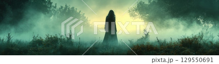 Lone woman silhouette in ethereal morning mist among forest trees Lone woman silhouette in ethereal morning mist among forest trees 129550691