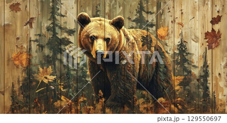 Brown bear forest painting with autumn colors on textured wood background 129550697