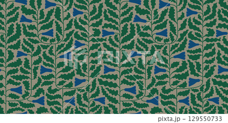 Botanical foliage blue bells background. Simple minimalist abstract natural fall flowers, leaves, branches vector seamless pattern for fabric, wrap, package. 129550733