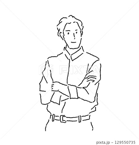 自信ありげに腕組みをする男性の上半身　線画イラスト 129550735