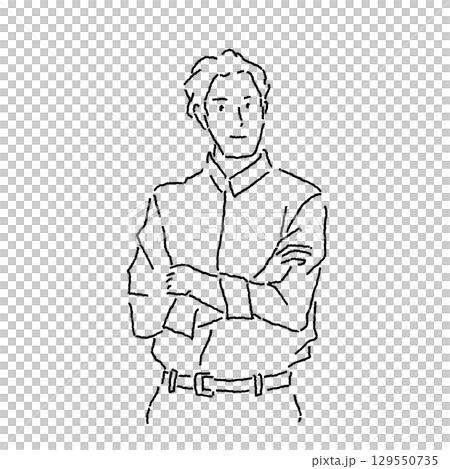自信ありげに腕組みをする男性の上半身　線画イラスト 129550735