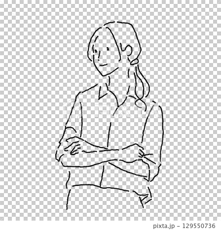 腕組みをして横を向く女性の線画イラスト(上半身) 腕組みをして横を向く女性の線画イラスト(上半身) 129550736