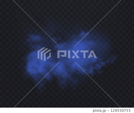 Realistic blue smoke or haze on a transparent background. Magic fog, vapor. Vector illustration. 129550755