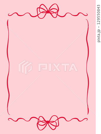 Elegant pink ribbon with bow forming a square frame. Perfect for greeting cards, wedding invitations, packaging and scrapbooking. Hand-drawn doodle vector in soft romantic style 129550843