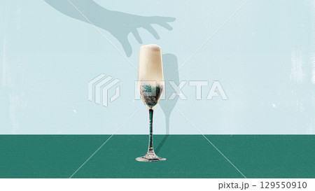 Collage of sparkling champagne glass with hand shadow on minimalist background 129550910