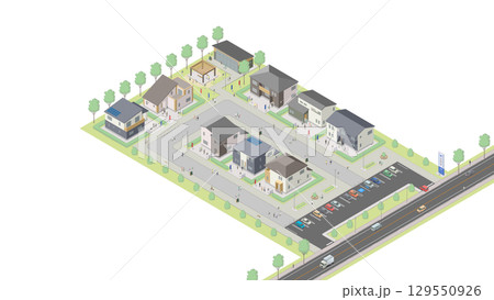 アイソメトリック図法で描いた住宅展示場のイメージ（無地） 129550926