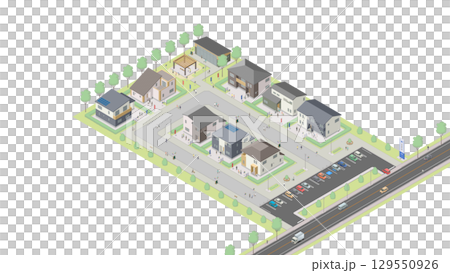 アイソメトリック図法で描いた住宅展示場のイメージ（無地） 129550926