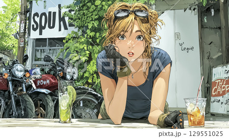 仲間のバイクを眺めながら冷たい炭酸を楽しむ女性ライダー 129551025