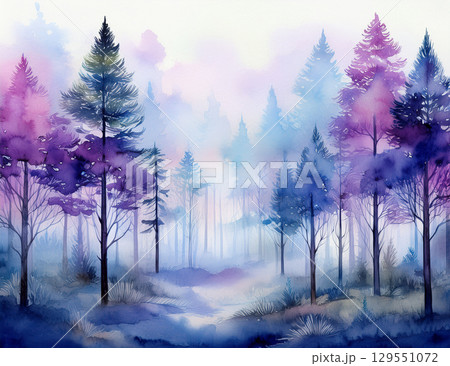 紫の霧の森の水彩画 129551072