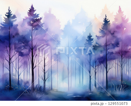 紫の霧の森の水彩画 129551073