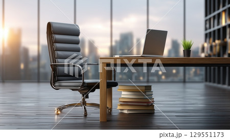 Stylish office desk with a laptop, books, and a plant, set against a panoramic city skyline at sunset Stylish office desk with a laptop, books, and a plant, set against a panoramic city skyline at sunset 129551173
