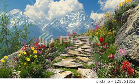 花々が咲く石畳の道と雪山の風景 129551852
